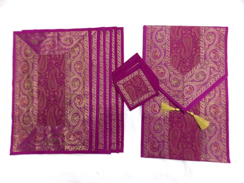 Indian Silk Table Runner with 6 Placemats & 6 Coaster in Pink Color Size 16x62